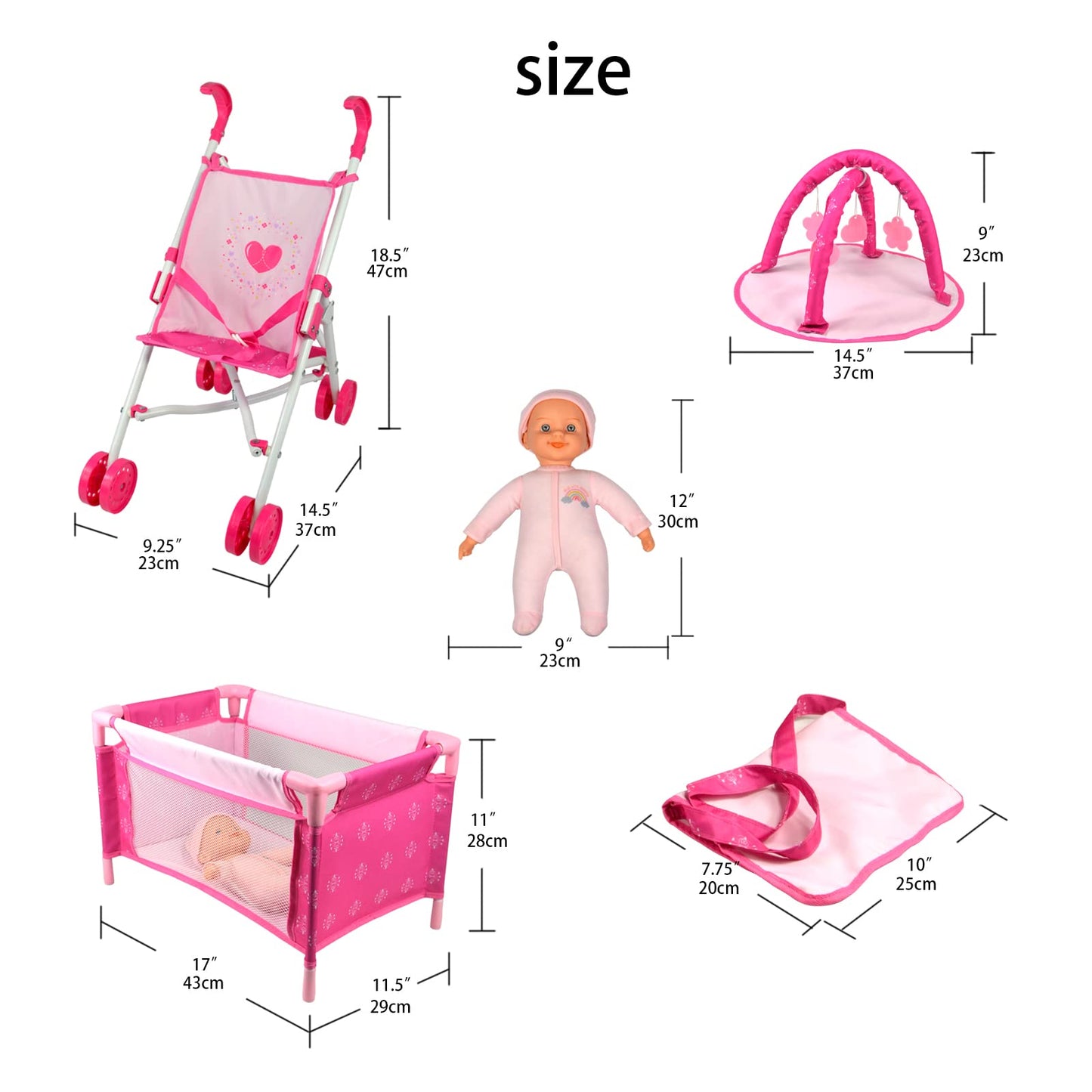 ANIVIA Baby Doll Stroller Set - Includes Stroller, Crib, Play Mat, Feeding Toy, Diaper Bag - Nursery Role Play Set (11" Doll Included)
