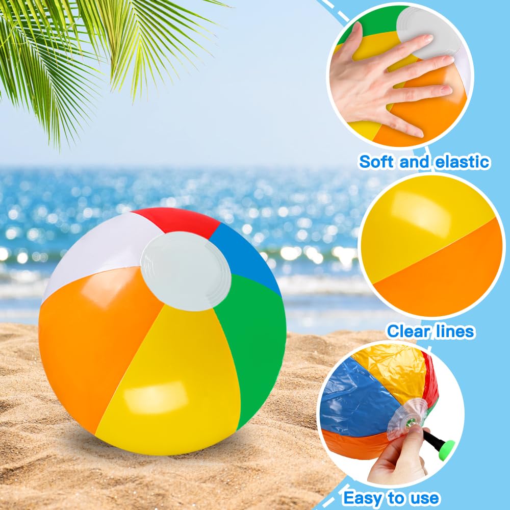Vellibring 24 Pack 12" Summer Inflatable Beach Balls Bulk Rainbow Swimming Pool Water Games Toys for Kids Summer Party Supplies Decorations