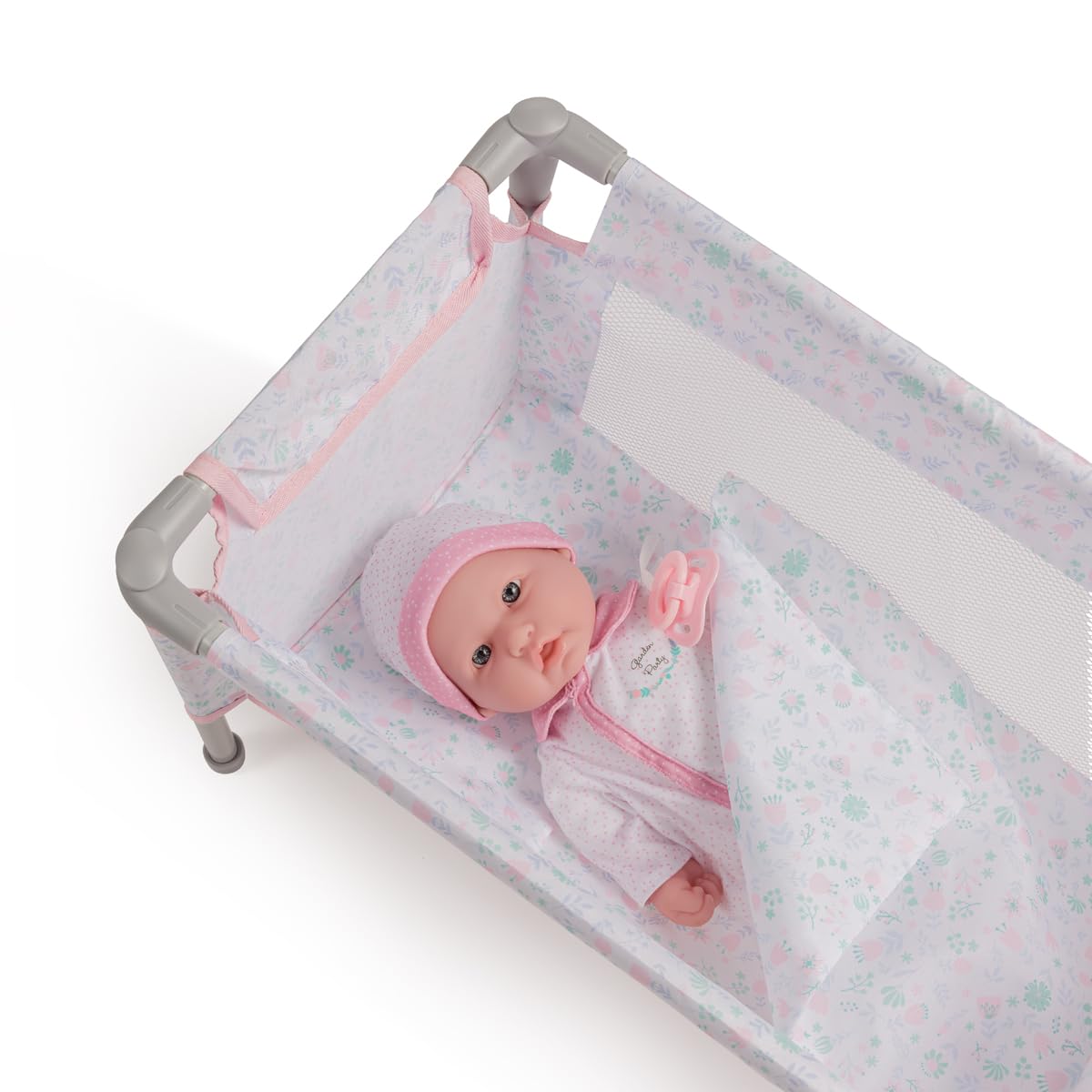 JC Toys - Berenguer Boutique | Travel Folding Crib - Playpen with Accessories | Pink Floral Collection | for Dolls up to 18" | Ages 3+