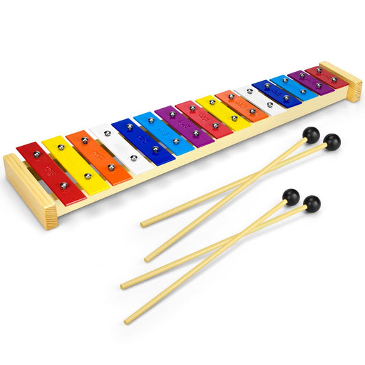 CeleMoon 15 Tone Natural Wooden Xylophone for Kids Toddlers Adults, Metal Bar Glockenspiel with Multi-Colored Keys, Educational Percussion Instrument for Preschool Learning, Music Gift for Boys Girls