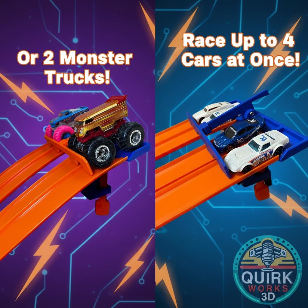 Monster Truck Track Clamp with 4 Lane Start Gate (Track NOT Included) | Compatible with Hot Wheels Track (Blue/Orange) | Eco-Friendly PLA | Made in USA | Monster Truck Track Accessory