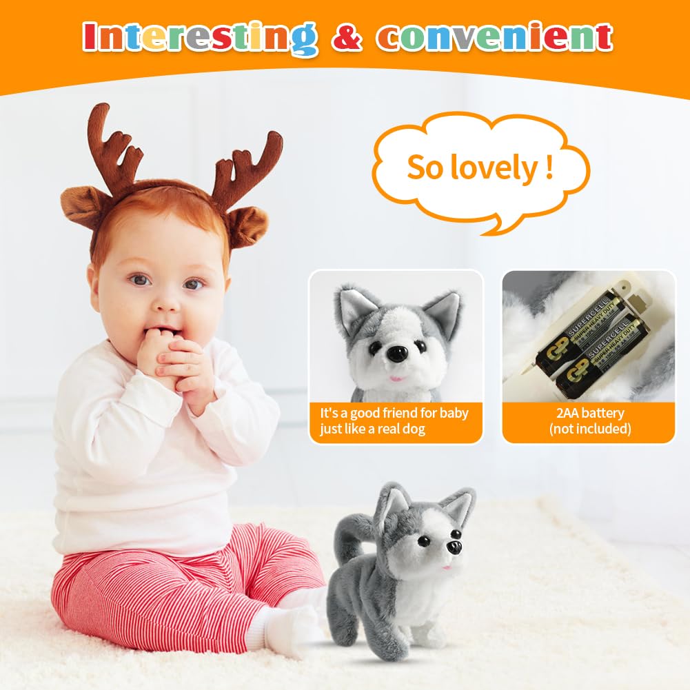 KSABVAIA Plush Husky Toy Puppy Electronic Interactive Dog - Walking, Barking, Tail Wagging, Stretching Companion Animal for Kids Toddlers
