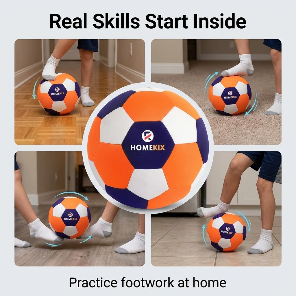 HomeKix Size 4 Indoor Soccer Ball – Soft Silent Foam Ball with Realistic Bounce for Kids Ages 3–12, Quiet Apartment-Friendly Home Practice, Dribbling & Juggling, Soccer Gift for Boys & Girls