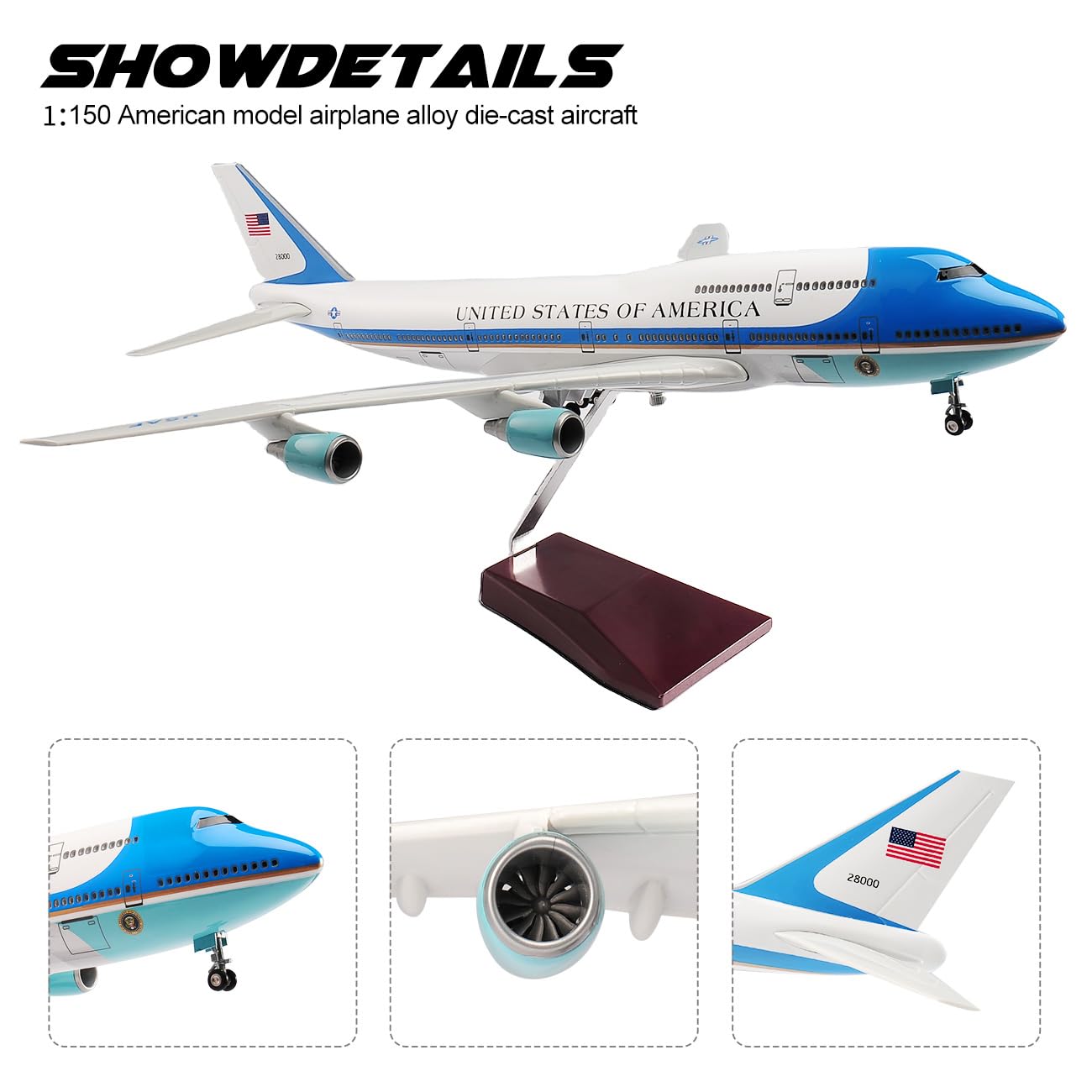 1/150 Scale Diecast Boeing 747 Airplane - US Airlines Air Force Model with Landing Gear, Voice Control, Cabin Light