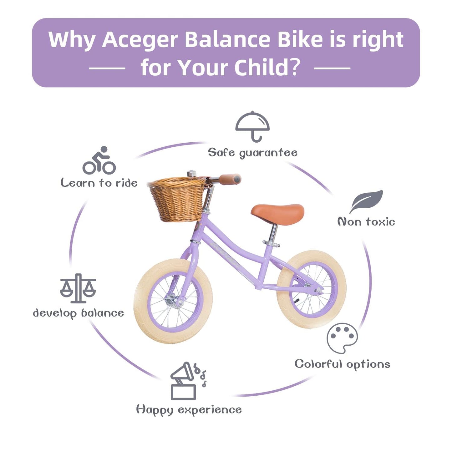 ACEGER 12" Kids Balance Bike with Basket, No Pedal Toddler Bicycle for Early Learning Leg Strength and Steady Balancing, Durable Frame&Tool-Free Adjustable Seat, Gift Bike for 2-5 Kids