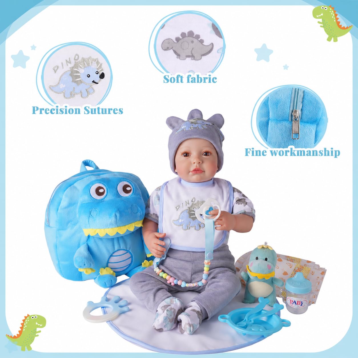BABESIDE Baby Doll Accessories for 17-22 Inch Dolls – 18 Piecs Dinosaur Reborn Baby Doll Accessories Set with Baby Doll Clothes, Backpack, Feeding Set, Birthday Gift for Boys & Girls,No Doll