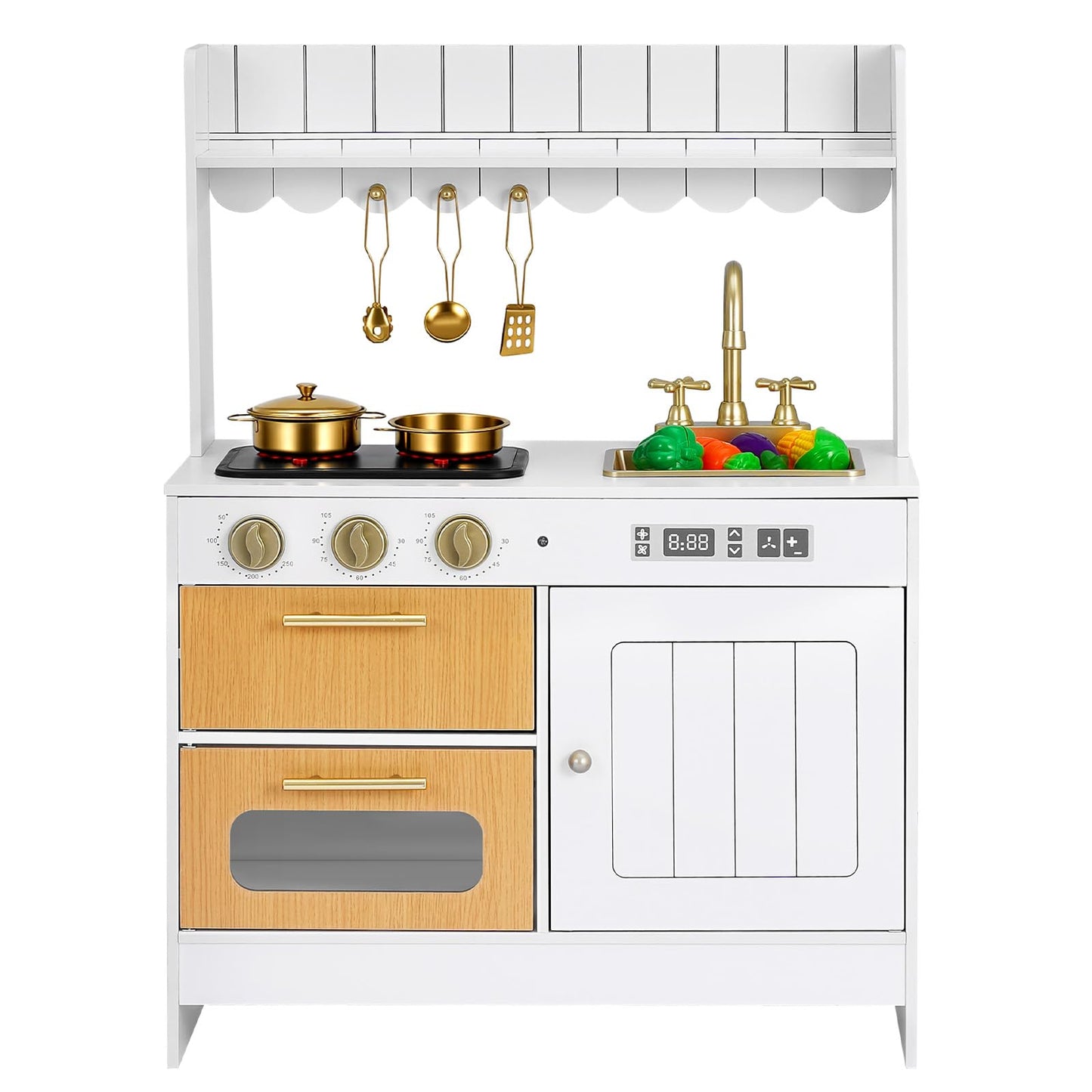 VEVOR Play Kitchen for Kids, Wooden Kids Kitchen Playset with Real Lights & Sounds, Food & Cookware Accessories, Pretend Play Toy Set, Sink, Oven, Stove, Cabinet, for Toddlers, Girls & Boys Ages 3-8