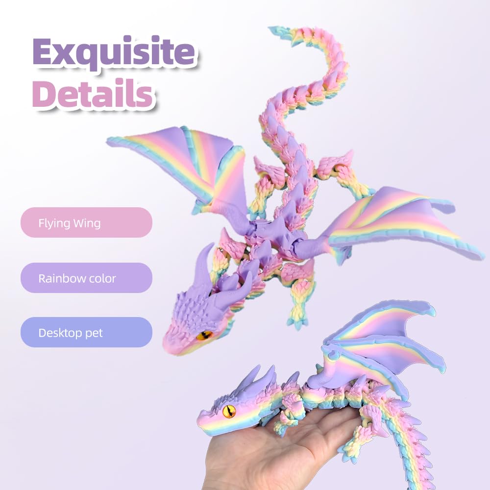 WUQIREN 3D Printed Dragon with Wings, 3D Printed Animals Toys, Fidget Dragon Toys, Flexible Articulated Winged Crystal Dragon Model, Desktop Pet Decor, Dragon Gift for Kids & Adult (Random-Rainbow)
