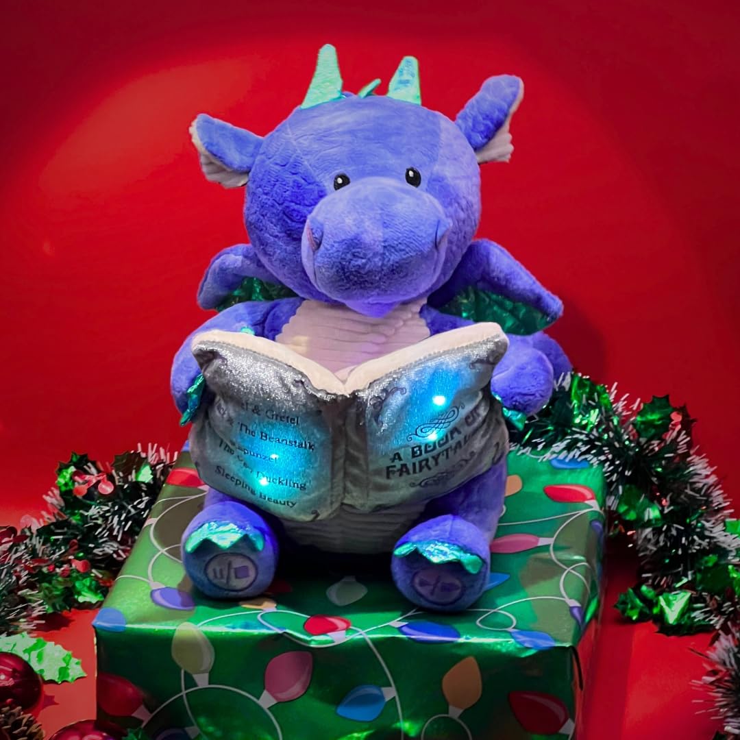 Cuddle Barn | Dalton The Storytelling Dragon with Light Up Book - Animated Stuffed Animal Plush Toy | Mouth Moves, Head Sways | Recites 5 Fairy-Tales - 11" Height