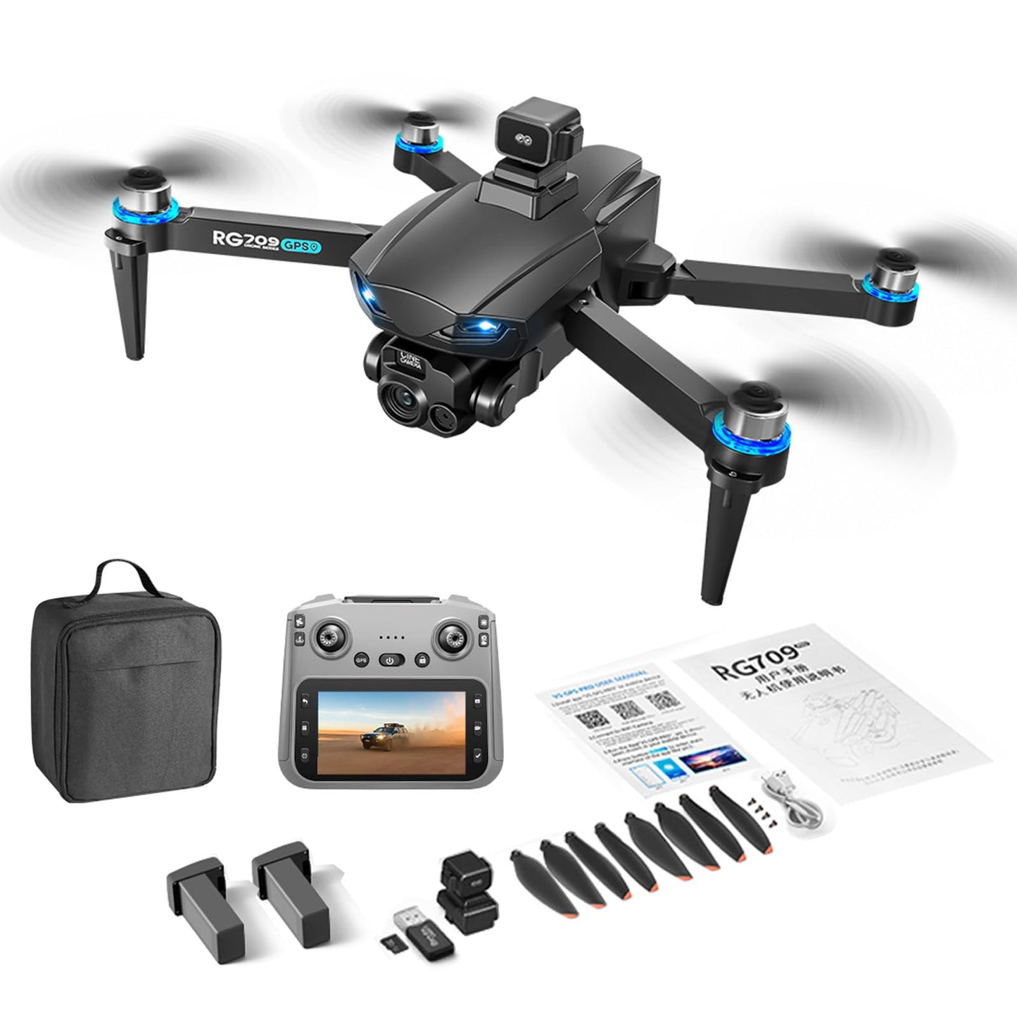 QQCHGOL GPS Drone with 2 Wide-Angle Camera 4K for Adult Beginner,5" Screen Control,360° Obstacle Laser Avoidance,45 Min Flight , FPV Drone with 2-Axis Gimbal,Auto Return,Follow Me, Circle Fly,BL Motor,2 Batteries