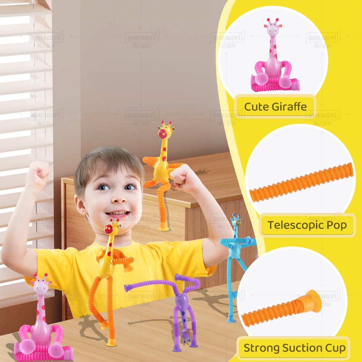 YUE MOTION Telescopic Suction Cup Giraffe Toy - Shape-Changing Animal Fidget Toy with Stretchy Pop Tubes - Promotes Creative Thinking, Hand-Eye Coordination, Motor Skills - Sensory Toys for Kids