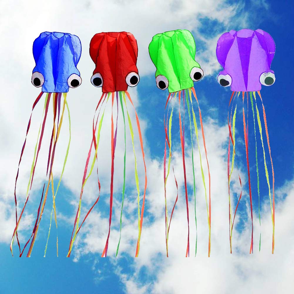 Winterworm Set of 4 Large 157.5" High Cartoon Big Round Eyes Octopus Kites with Colorful Ribbon and Kite Board with 98.4 Foot String for Kids Toy Enjoy Parent-Child Time Beach Park Outdoor