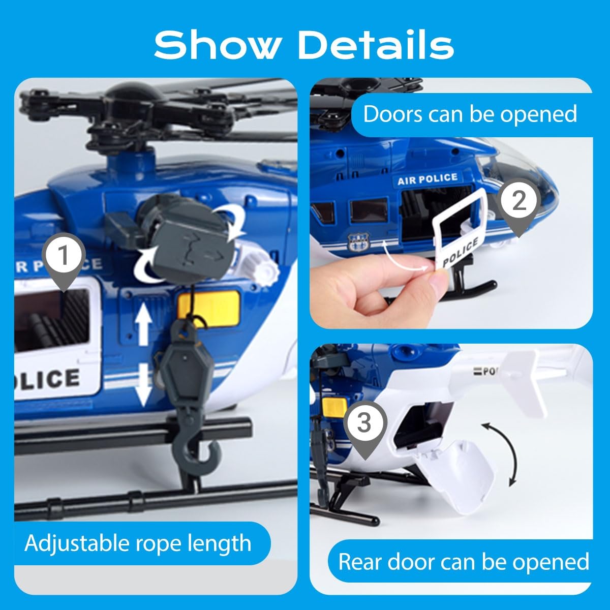 STOULKD Toys for 2 3 4 5 6 7 Year - Olds, 13" Blue - and - White Police Helicopter Toy - Interactive Lights, Siren Sounds & Openable Doors, Great Gift for Boys & Girls