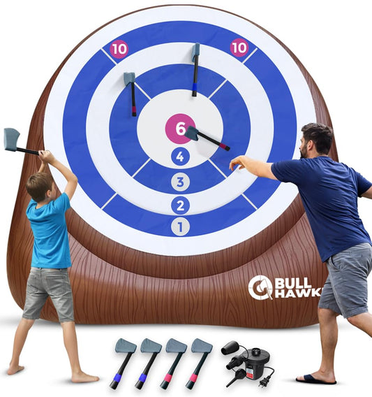 Swooc Games® - XL Bull Hawker™ | Giant Axe Darts (Over 8ft Tall) w/ 15+ Games | Axe Throwing Game for Backyard w/Air Pump | Outdoor Games for Adults and Family | Carnival Game | Throwing Yard Fun