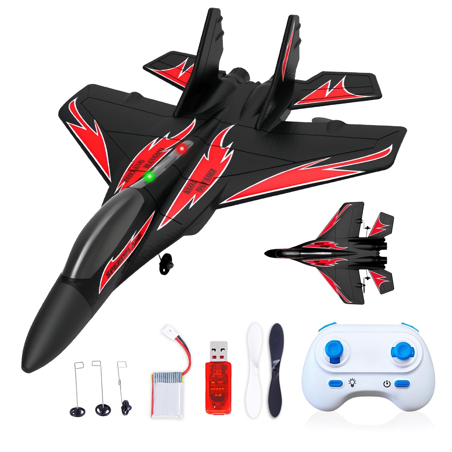 QFCST Foam Remote Control Wireless Airplanes RC Planes, Remote Control Fighter Toys, 2CH 2.4Ghz RC Fighter Jet with Light, Hobby Rc Airplanes Easy to Fly for Kids Boys Adults(Black)