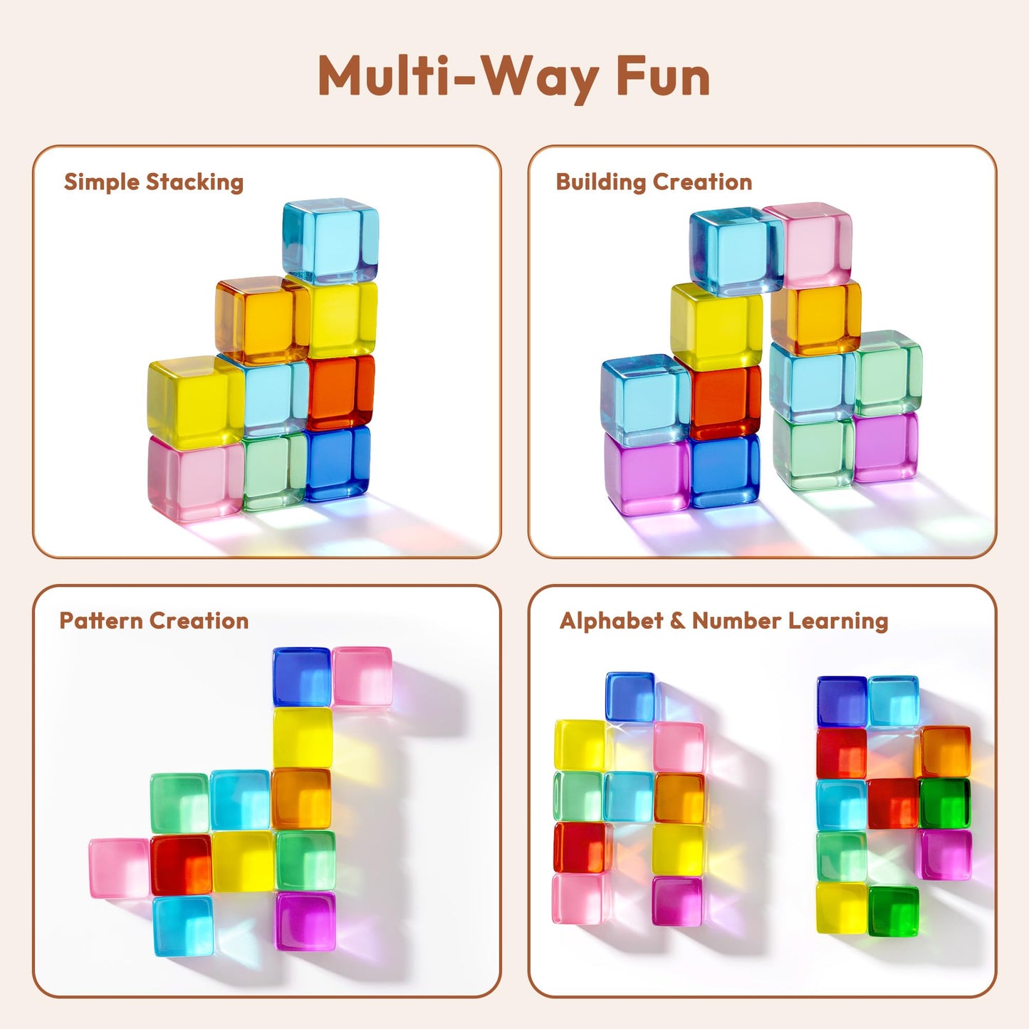 Woodtoe Rainbow Building Blocks for Toddlers, 24 PCS Acrylic Gem Cubes Stacking Blocks, Montessori Stacking Toy for 3 4 5 6 Year Old, Educational STEM Creative Sensory Toy Gifts for Kids Boys Girls