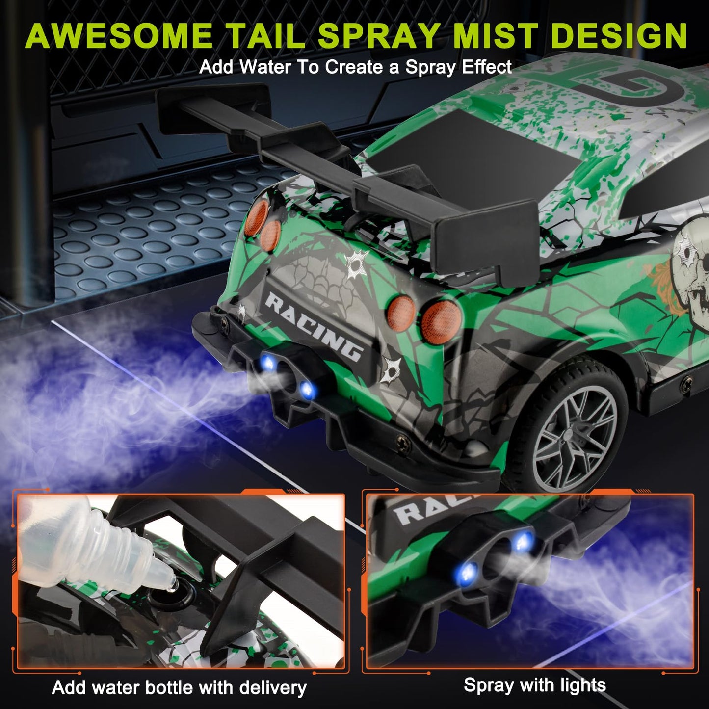 JOYBLI Remote Control Racing Car, Green Camo Design, RC Drift Car with Spray Function, Indoor & Off-Road Compatible