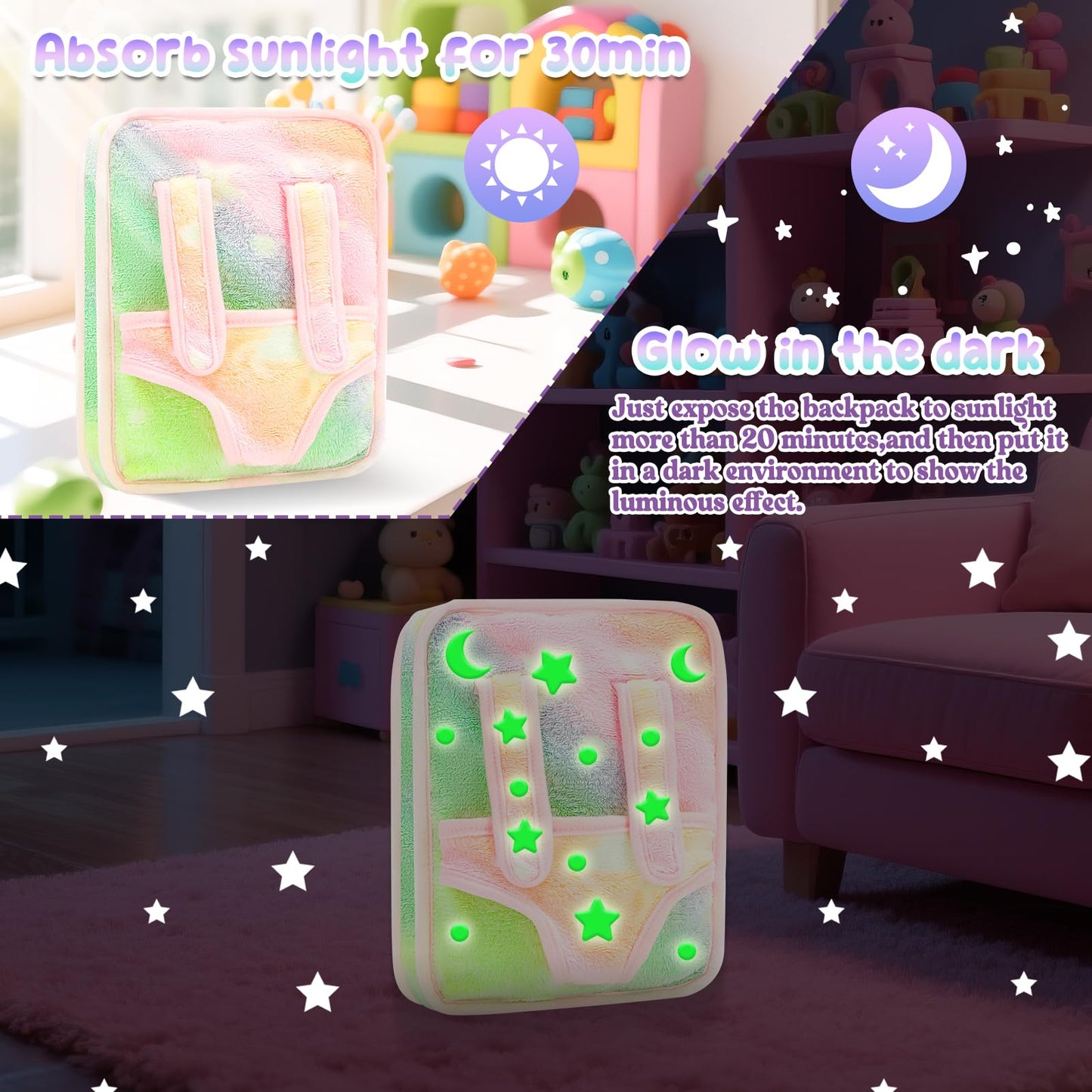 deAO 12 Inch Soft Baby Doll Backpack Glow in Dark Carrier Playset Toys Baby Care Toys Set with 12''Doll Clothes Bottle Accessories Birthday Gift for Toddlers Boys Girls