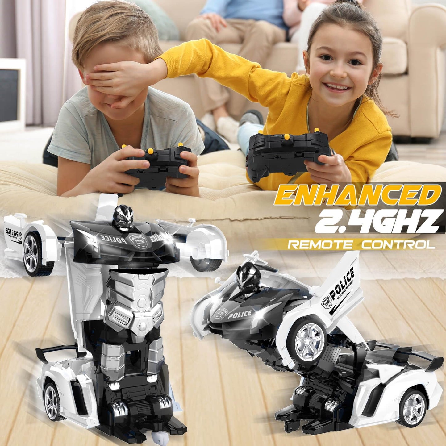 Dolanus Remote Control Police Car - RC Car Transform Robot, Flashing Light, 2.4Ghz, 360 Degree Rotating, Toys for Ages 5-7, Kids Toys, Birthday Gifts for 3 4 5 6 7 8 10 12 Years Old Boy (Black)