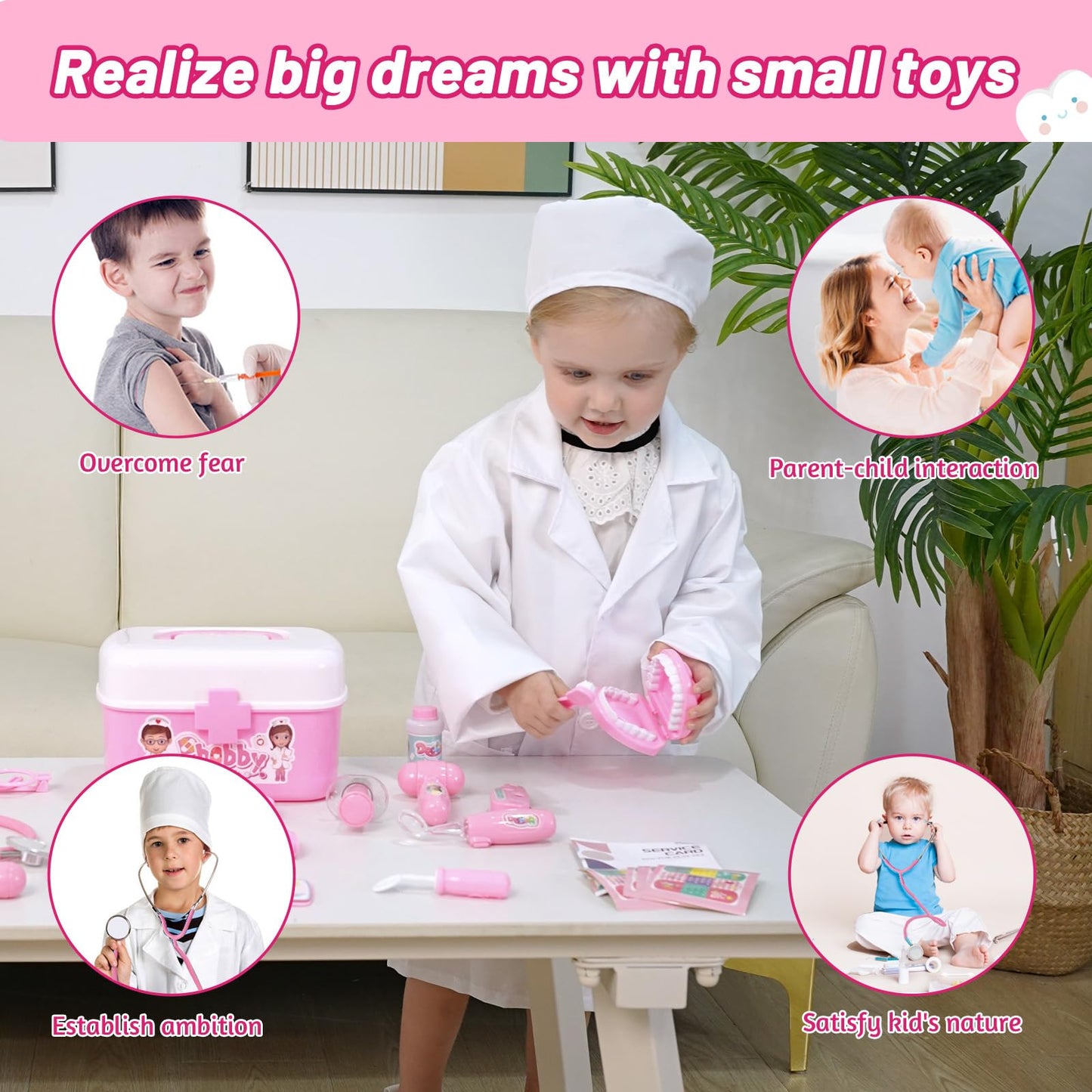 Phobby Durable Doctor Kit for Kids, 27 Pcs Deluxe Pretend Play Set Medical Toy with Real Stethoscope for Toddlers Boys Girls Birthday Gift Aged 3 4 5 6 7 8(Pink)