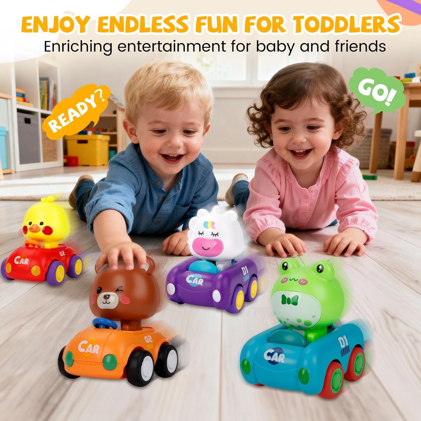LBJGL Press and Go Car Toys for Toddlers 1-3, 4 Pack Friction Powered Baby Push Cars, Infant Play Vehicle Set for 6-9-12-18 Months, 1st Birthday Gifts for 1-2 Year Old Boys Girls