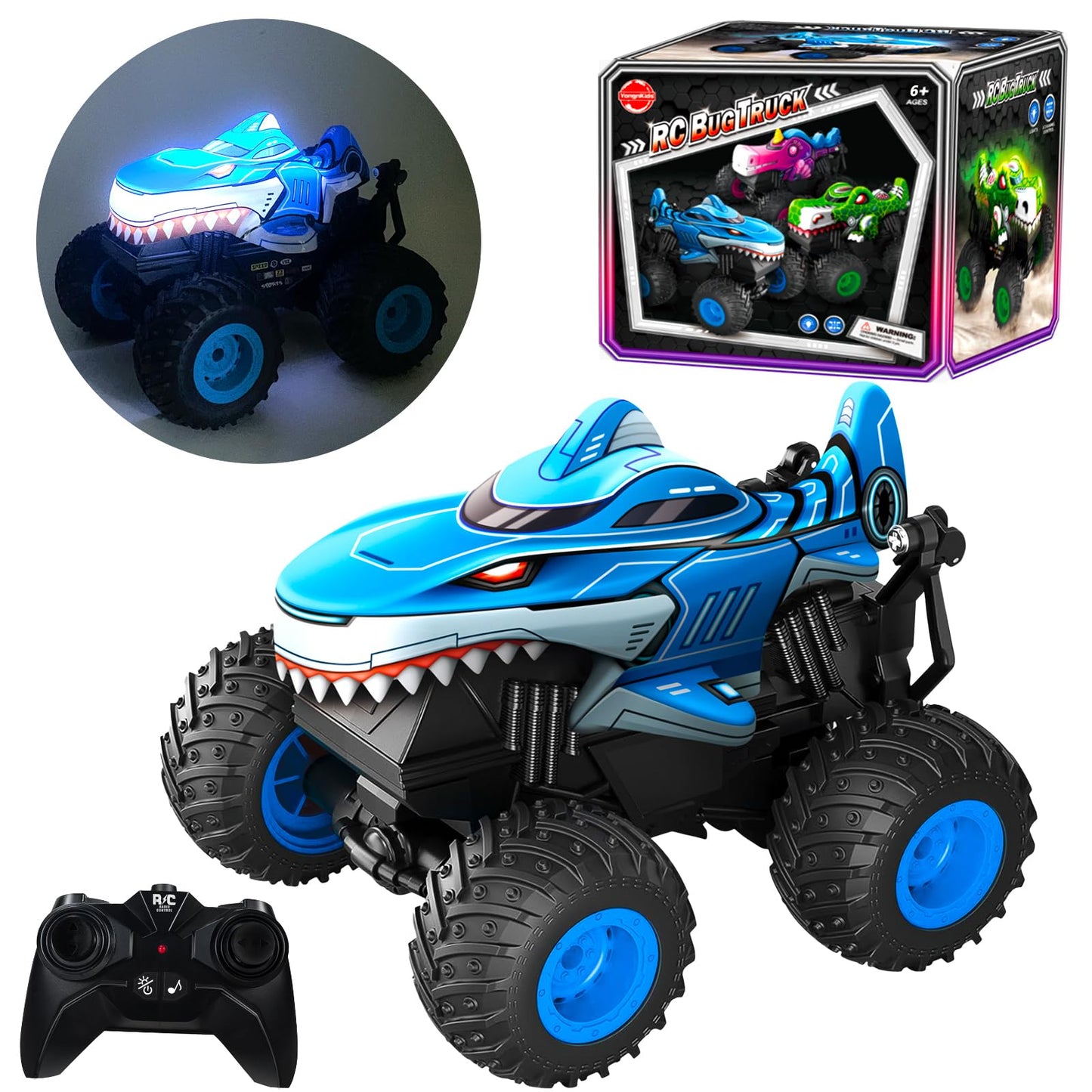 YongnKids Remote Control Car, Shark Monster Trucks for Boys Age 4-7, 2.4Ghz Rchargeable Rc Car with Music & Light,360° Rotating Stunts RC Truck Toy for Kids 3-5 6 7 8-12 Birthday Easter Gift
