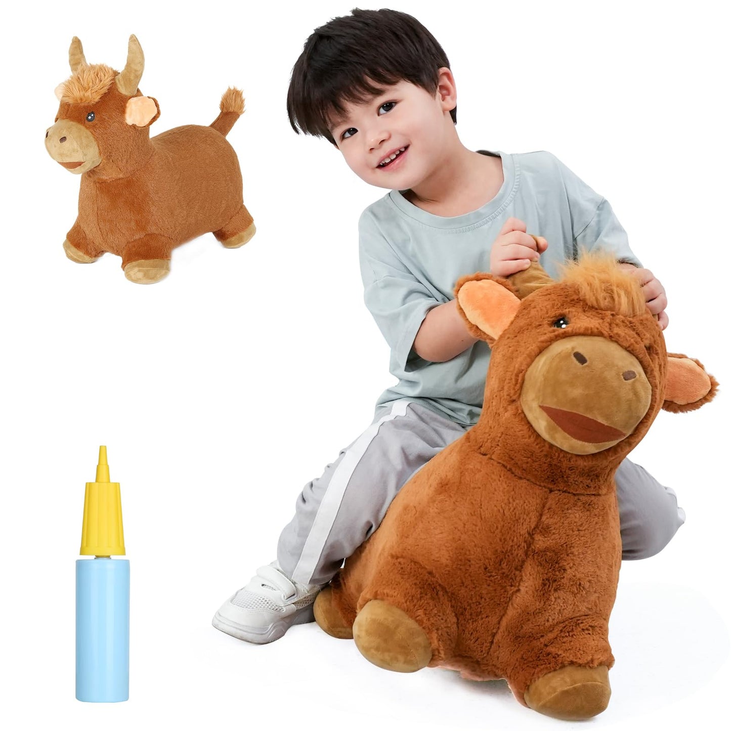 INPANY Bouncy Bull Hopping Toys - Toddler Brown Plush Cow Hopper, Kids Inflatable Farm Animal Hopper Horse, Outdoor Indoor Ride on Rubber Bouncer, Toys for 2 3 4 Year Old Boy Girl Birthday Gifts
