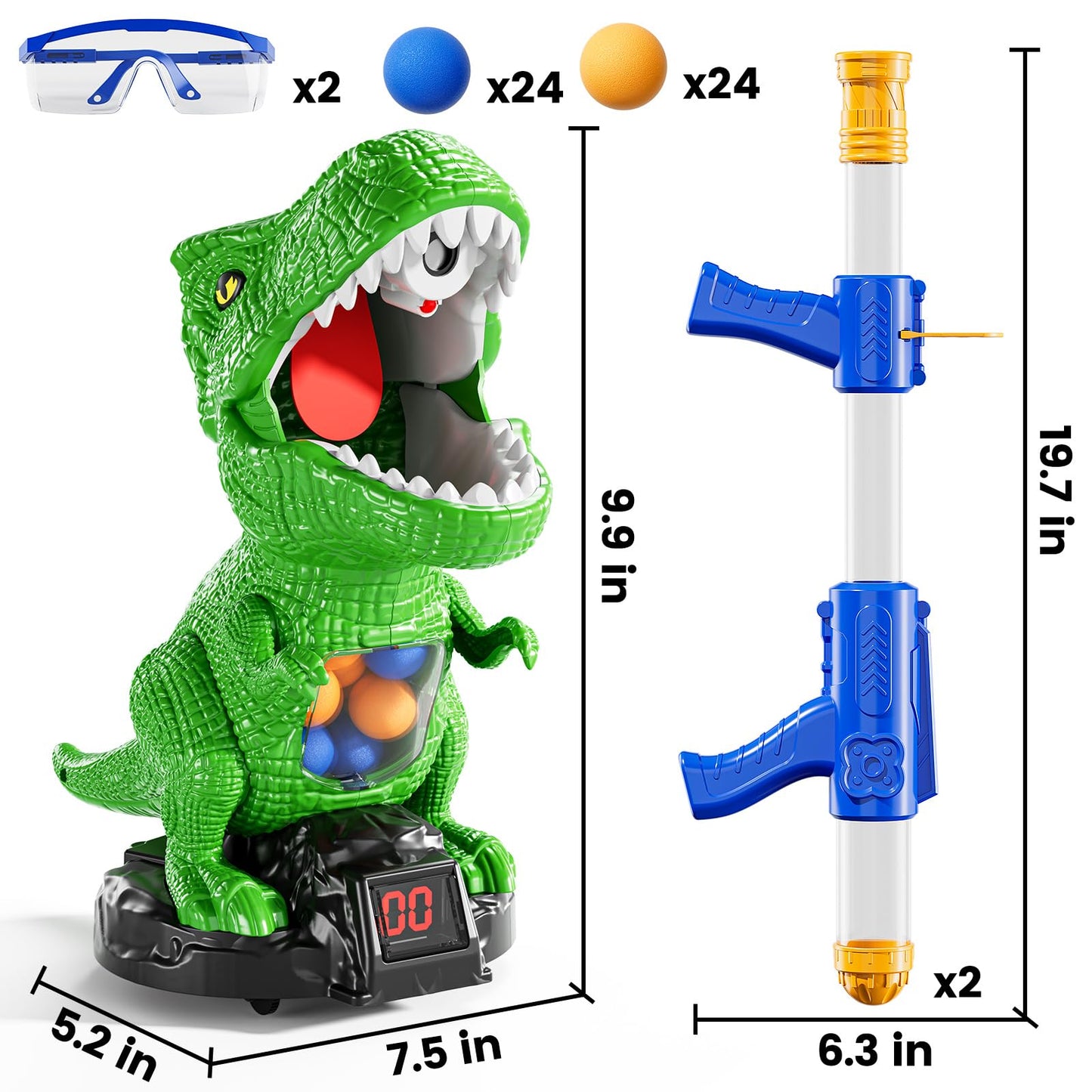 XINNOVEL Movable Dinosaur Shooting for Toys Kids 4-6, Electronic Kids Target Games with 2 Air Pump Guns, LCD Score Record, Sound, 48 Foam Balls, Birthday Gifts for 3 4 5 6 7 8 9 Year Old Boys Girls
