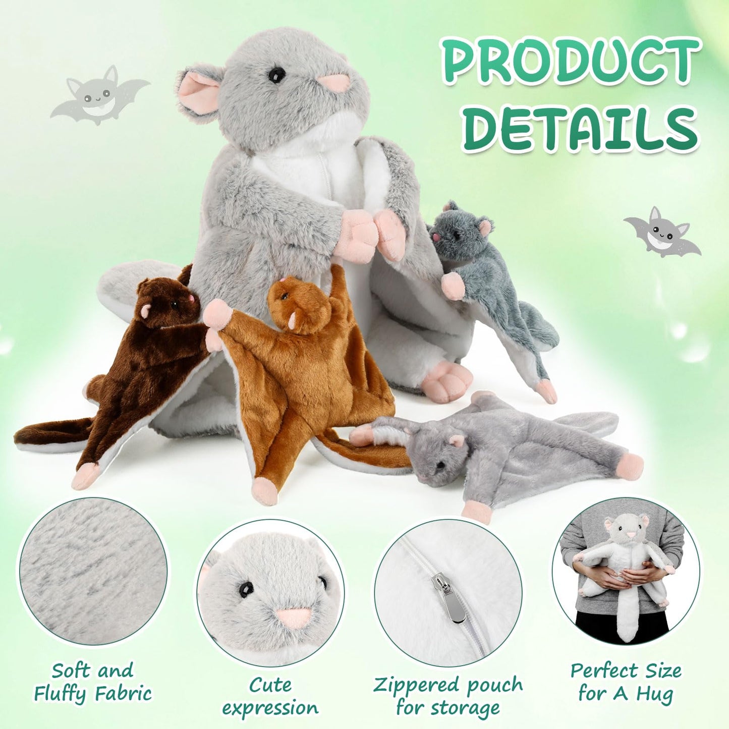 Civaner 5 Pcs Flying Stuffed Squirrel Animals Set 13 Inch Mommy Stuffed Flying Plush Squirrel Toy with 4 Babies Soft Fluffy Plushies Dolls for Christmas Valentines Easter Birthday Gifts