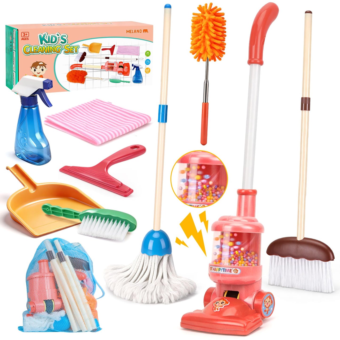Meland Kids Cleaning Set - 8Pcs Toddler Broom and Toy Vacuum Cleaner, Pretend Play Children House Cleaning Toys, Christmas Birthday Gift for Girls and Boys