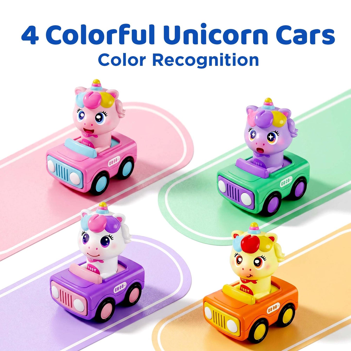 iPlay, iLearn Press to Go Unicorn Car Toys for Toddler 1-3, Baby Animal Racing Cars, Infant Girl Push Go Friction Toy, Kids Play Vehicle for 12 18 24 Month, 1st Birthday Gifts for 1 2 One Yr Child Boy