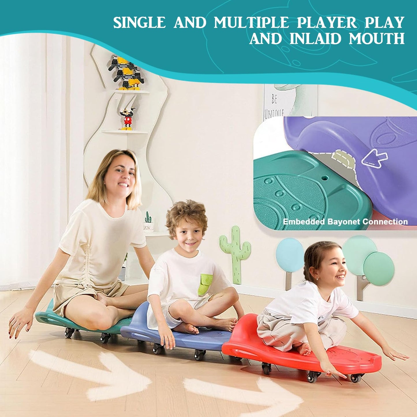 Large Scooter Board for Kids,Plastic Indoor Floor Scooter Board with Handles, Buckle and 1 Rope, 5 Wheels, Gym Scooters for Indoor Outdoor Sitting and Sports Training,Blue