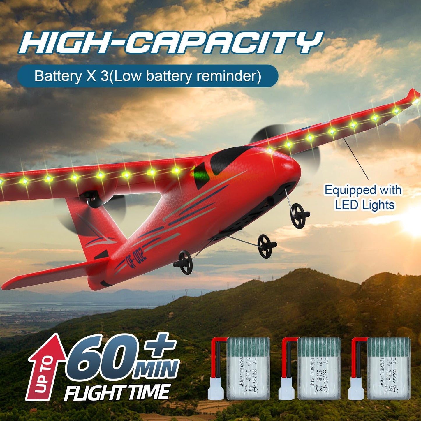 HRZPACT RC Airplane, 2.4GHZ Remote Control Airplane 2CH RC Plane, Hobby RC Airplanes Toy W/ 3 Batteries & Gyro Stabilizer, Easy to Fly for Beginners Kids Boys Girls Adults (Red)