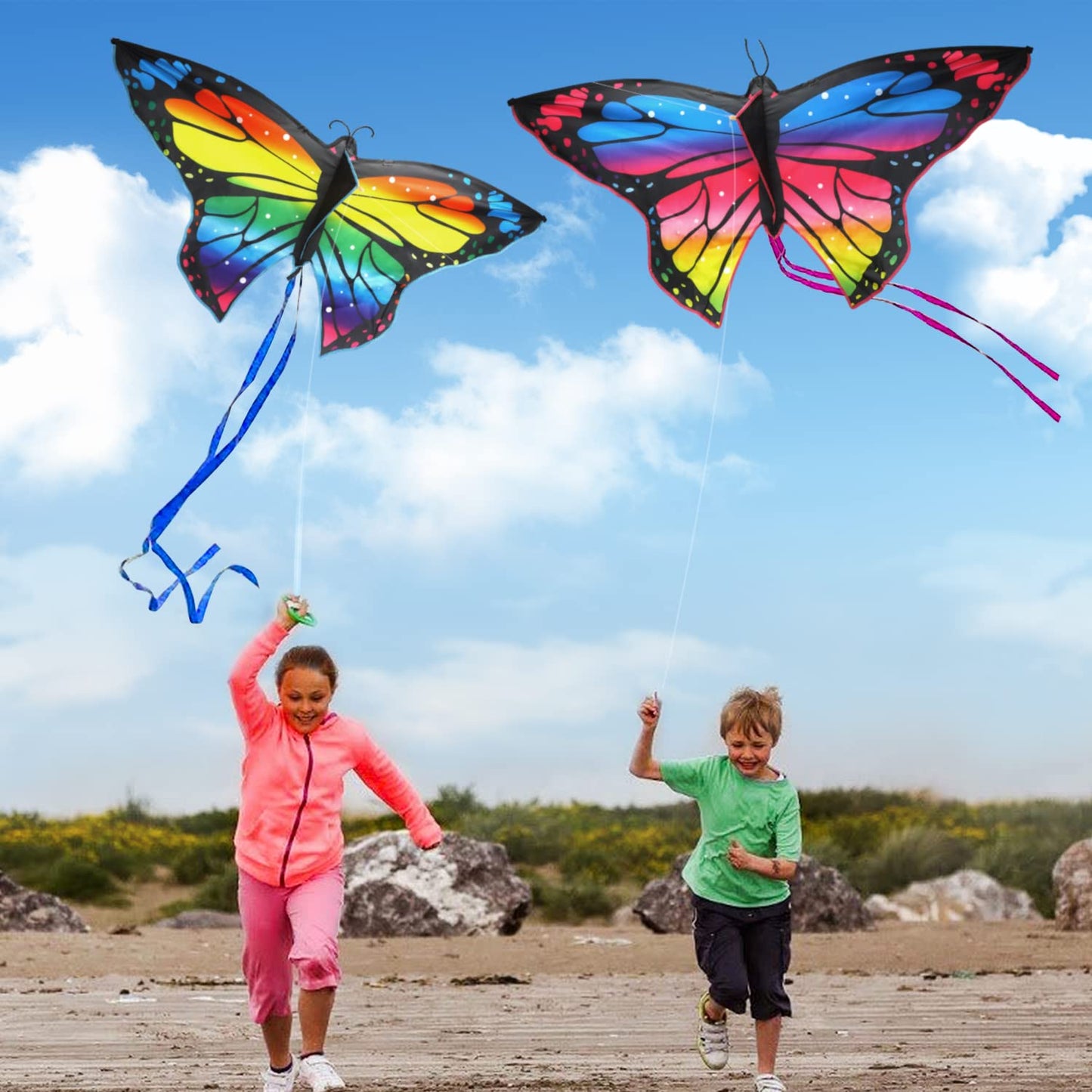 TOY Life 2 Pack Butterfly Kites for Kids Age 4-8 Boys, Beach Kites for Kids Age 8-12, Kites for Adult Easy to Fly, Large Kites for Kids Age 3-5, Rainbow Kites, Kids Kites Easy to Fly, Kids Outdoor Toy