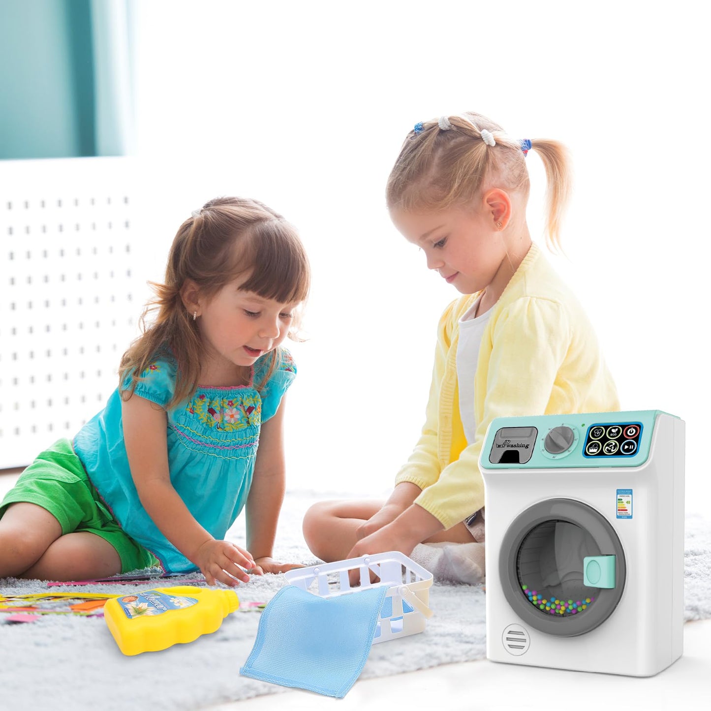 deAO Toy Washing Machine Kids Dollhouse Furniture Toy Washer Pretend Play Household Appliance Realistic Sounds Laundry Play Set with Rotatable Roller for Boys Girls (Blue)