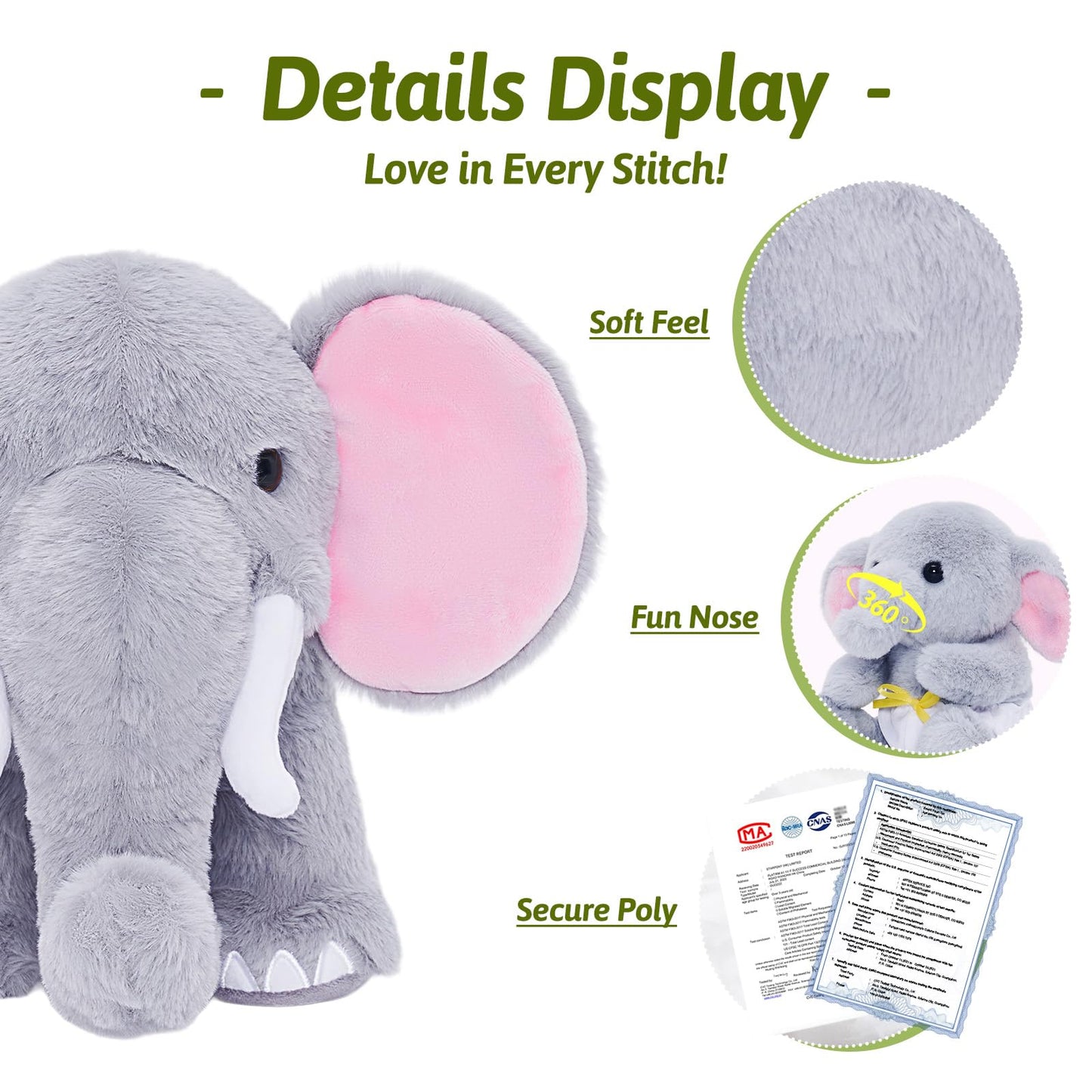 OUOZZZ Elephant Stuffed Animal with 4 Baby Elephants – Interactive Plush Toy Set with Crinkly Ears, Rotating Trunk – Travel-Friendly & Portable Gift for Baby Girls, Boys, Toddlers & Kids 14" x 6.3"
