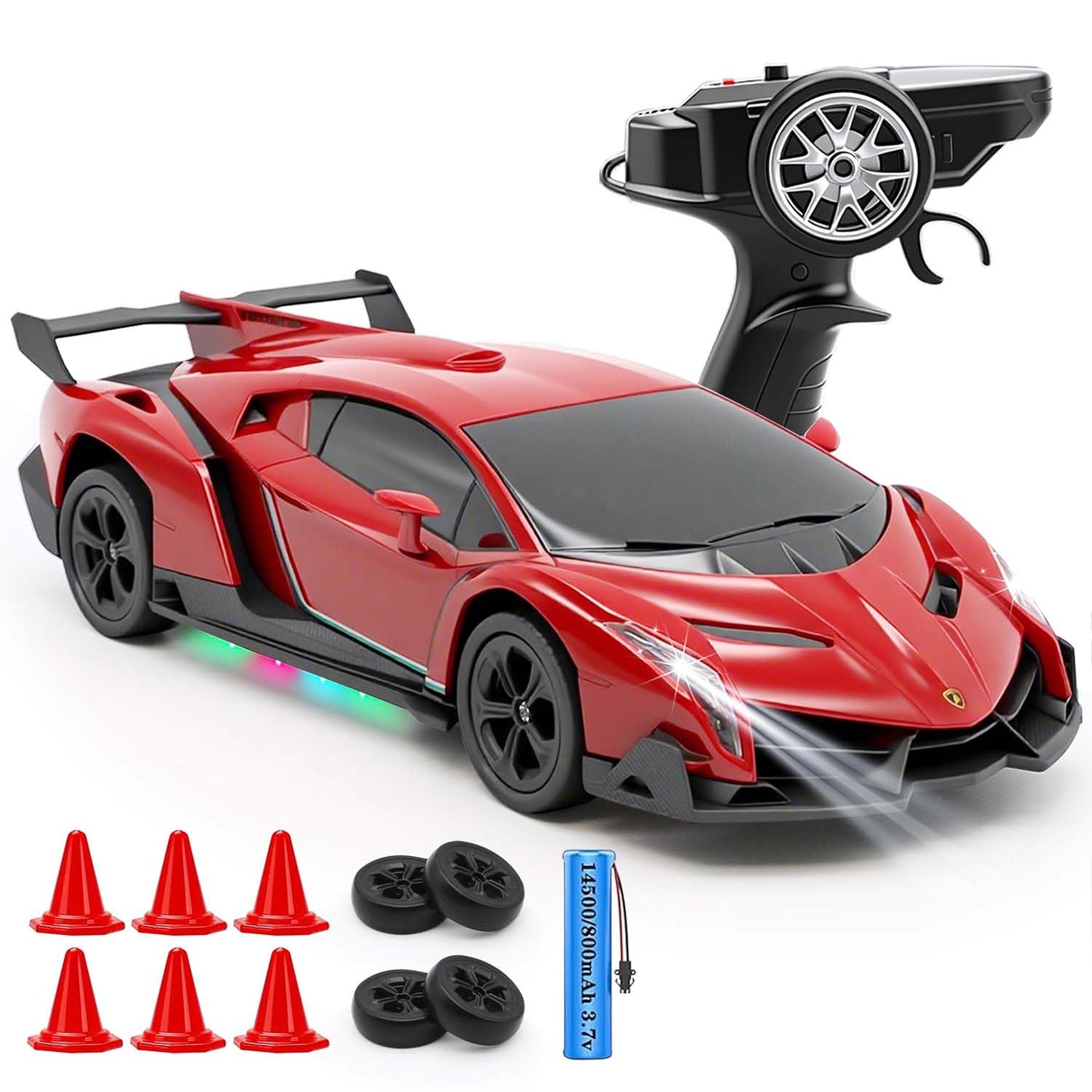 QUN XING Remote Control Car 1:24 Officially Licensed Lambo veneno RC Drift Car with LED Lights 2.4GHz 4WD 15KM/H Fast Speed Control Rechargeable Battery 800mah Birthday for Kids Boys 8-12，red