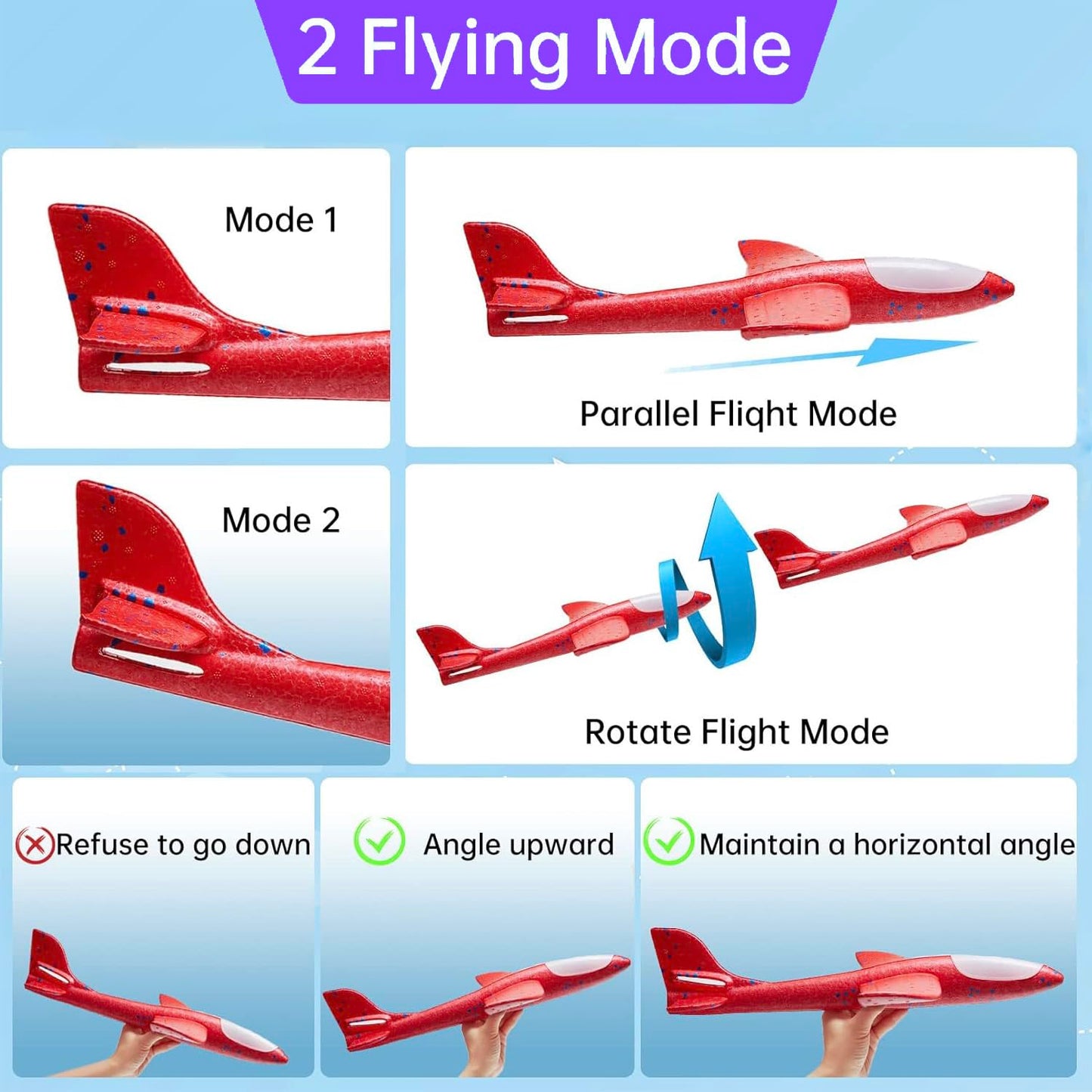 Tivcck 4 Pack LED Light Airplane Toys,17.5" Large Throwing Foam Plane,LED Foam Glider Planes,2 Flight Mode Glider Planes,Airplane Flying Toys for Kids Birthday Gift Outdoor Sport