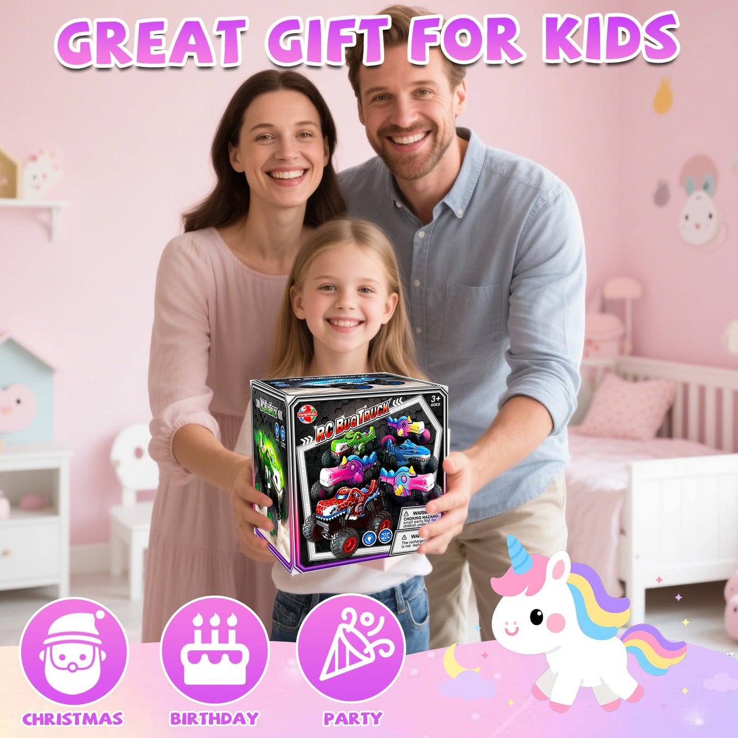 YongnKids Remote Control Car for Girls, 2.4Ghz Unicorn Monster Trucks with Light & Music,Unicorn Toys for Girls Age 3 4 5 6 7 8 Years, 360° Rotating All Terrain RC Stunt Car Rechargeable Xmas Gift