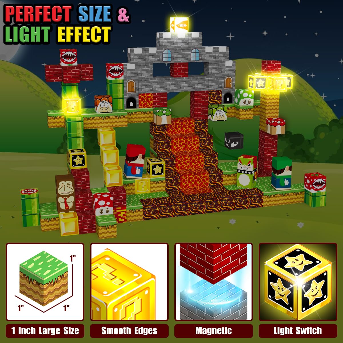Daoyehsy 200PCS Magnetic Blocks Building Toys, 1" Light Up Building Blocks Magnet Cubes Tiles for Toddlers Boys Girls 3+, Build 3D World STEM Sensory Construction Toys