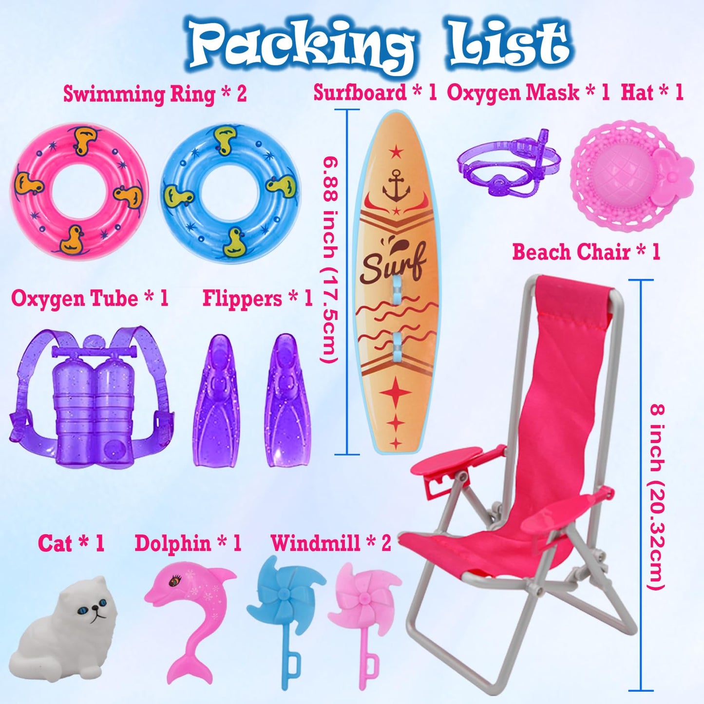 EuTengHao 36Pcs Girl Dolls Clothes Swimsuit Bikini for 11.5 inch Girl Dolls, Doll Bikini and Accessories with Diving Swimming Set Lifebuoys Beach Chair Skateboard Dolphins