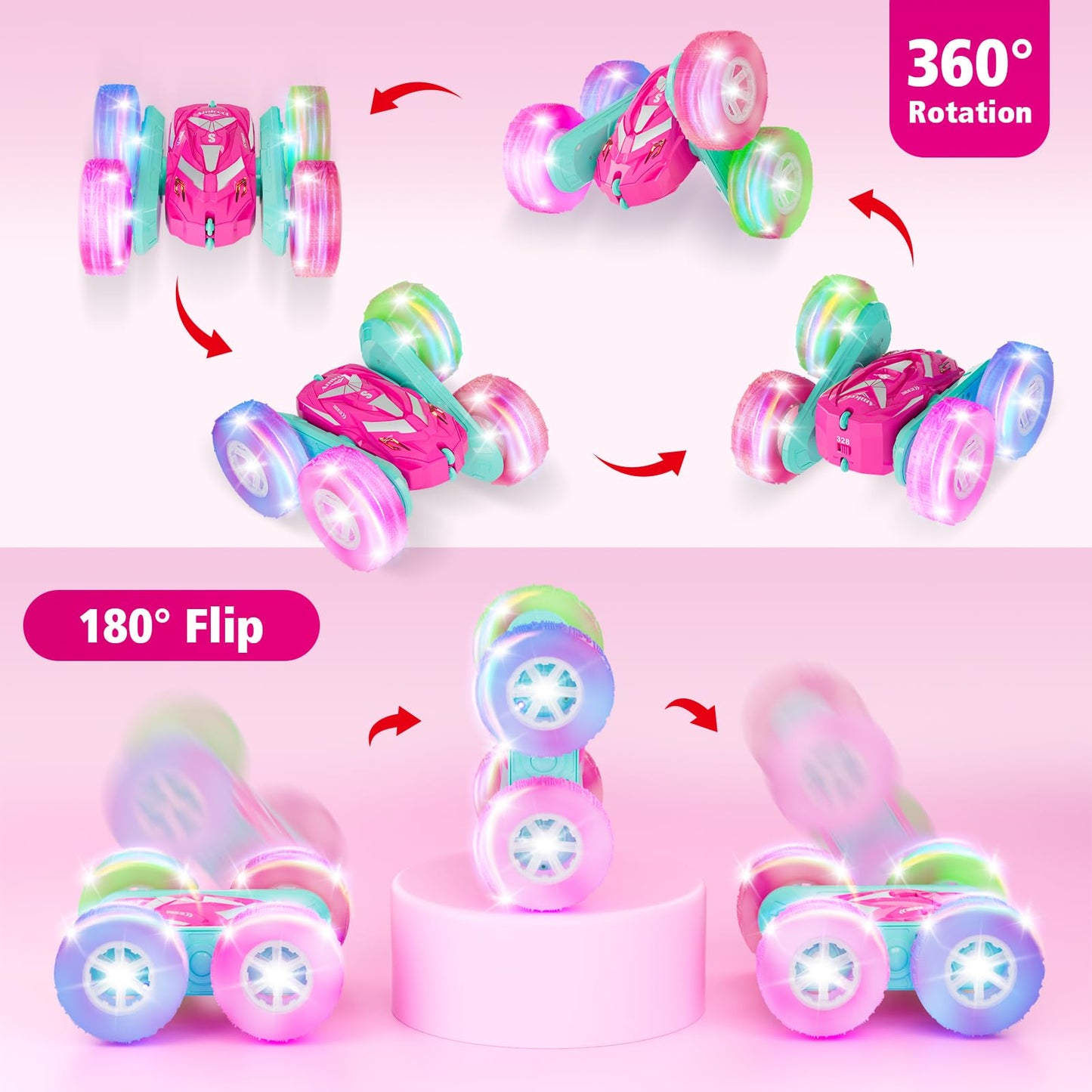 Amicool Remote Control Car for Girls 6-12 with Flashing Light, Toys 6 7 8 9 Years Old Girl Birthday Gifts Idea, RC Cars Stunt 4WD 2.4Ghz Double Sided 360° Flip, Present for Kids, Christmas, Pink