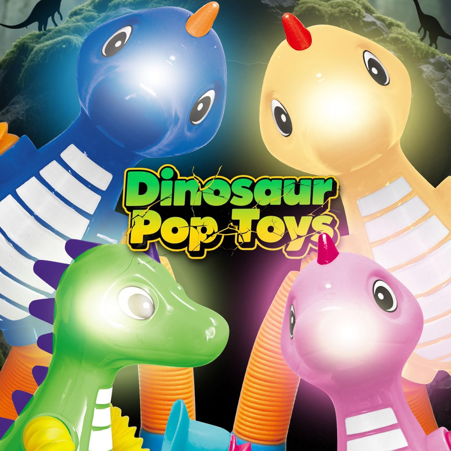 Dinosaur Travel Toys Gift LED Light Up for Toddlers Kids Boys Girls, Dino Pop Tubes Fidget Sensory Suction Cup Toys, Airplane Car Road Activities & Christmas Stocking Stuffers Party Favors Aged 3+