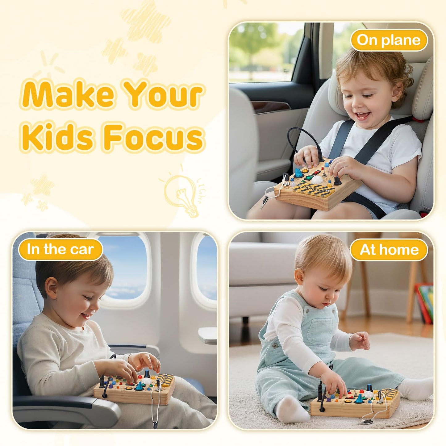 LED Busy Board for Toddlers 1-3,Montessori Sensory Toy with Key Switch and Plug, Light Up Wood Activity Switch Board for Fine Motor Skills, Educational Travel Toy Gift for 1 2 3 Year Old Boys Girls