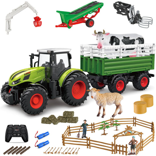 fisca Kids Remote Control Tractor Farm Playset, 2.4Ghz RC Tractor with Trailer and Conveyor, 45PCS Farm Toys Set with Farm Animals Figurines Fences Farmers for Kids Age 3 4 5 6 Years Old