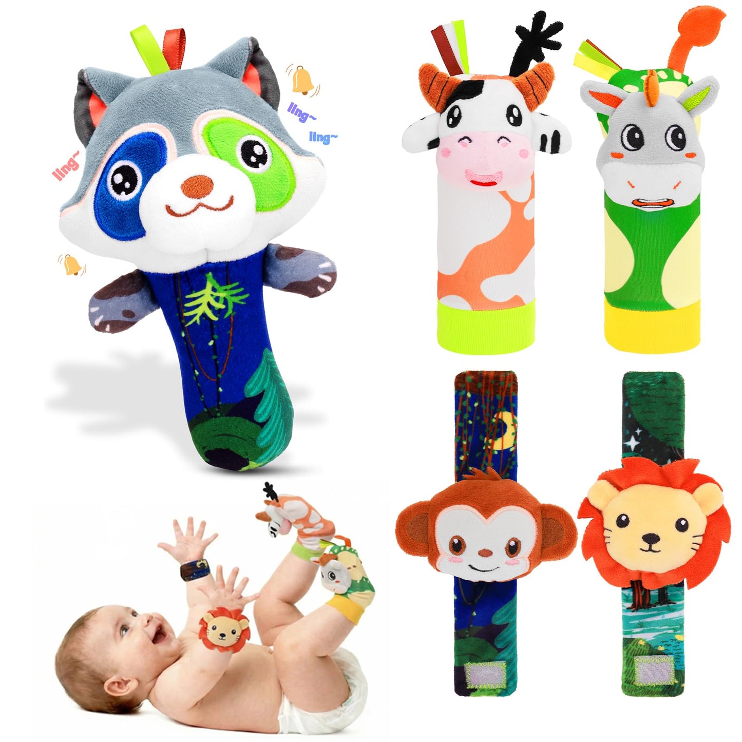 Zendstanding Baby Rattle Toys Set - Wrist Rattles for Babies 0-6 Months Baby Foot Rattles Socks 0-12 Months Baby Rattles & Plush Rings, Soft Sensory Toys for Newborn Essentials Baby Shower Gift