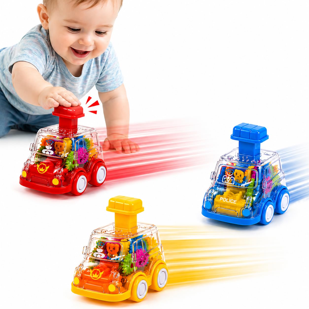 Toy Cars for Toddlers 1-3, 3 Pack Transparent Gear Press and Go Friction Powered Cars, No Battery Push Go Baby Car for 1 Year Old Boys Girls, First Birthday Gift