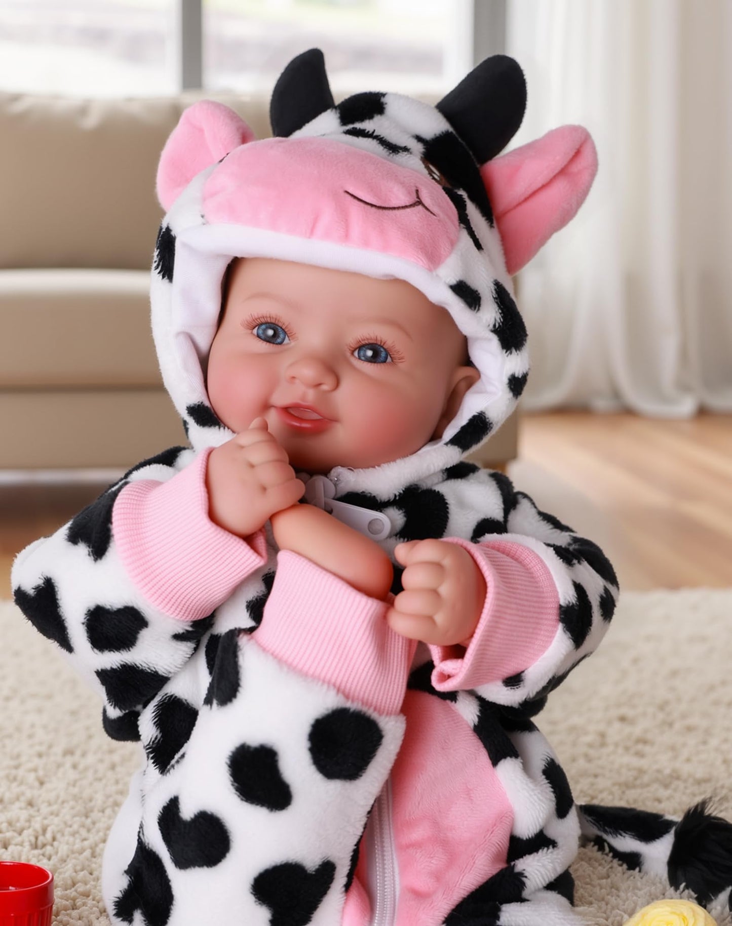 BABESIDE Baby Doll Girl - 17-Inch Soft Body Realistic Baby Doll with Blue Eyes and Cow Outfit Lightweight Real Life Baby Dolls for 3+ 4 5 6 7 8 9 Years Girl Birthday Gifts, Pretend Play and Christmas