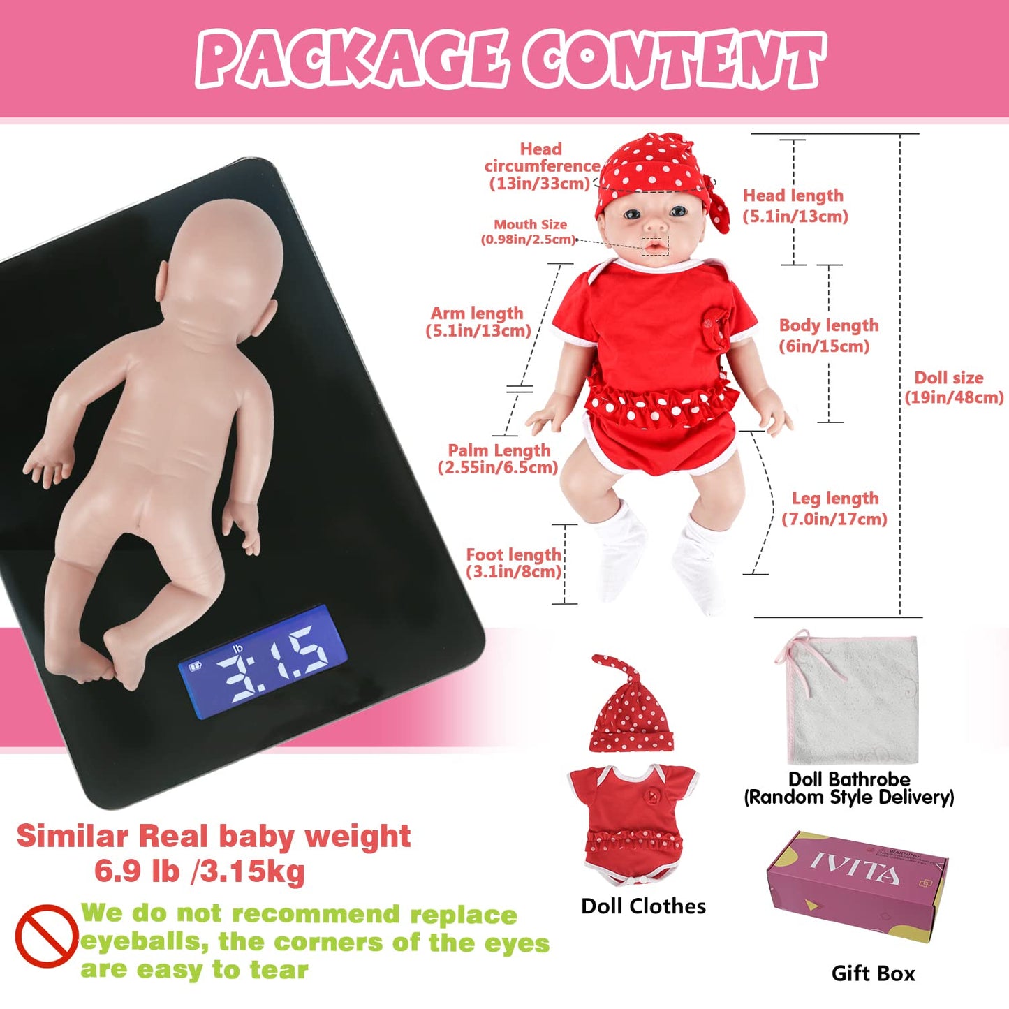 IVITA 19 inch Silicone Baby Dolls Girl Weighted 6.97 lb,[NOT Vinyl],Silicone Full Body Reborn Lifelike Realistic Real Life Newborn Soft Babies with Feeding Accessories & Gift Box for Kids Age 3+