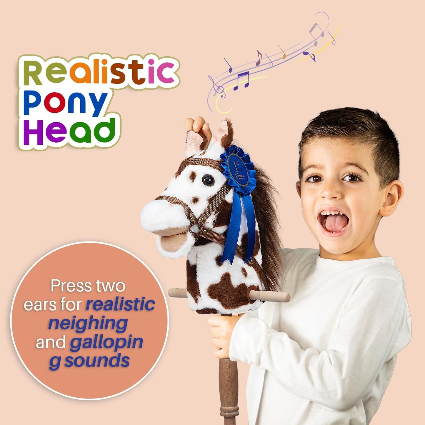 HollyHOME Stick Horse Plush with Detachable Blue Ribbon Champion Hobby Horse on Stick with Wood Wheels Real Pony Neighing for Kids Toddlers Appaloosa 36 Inches(AA Batteries Required)